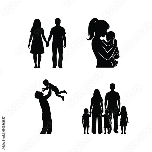 A collection of silhouetted family scenes depicting love and togetherness in various tender moments and interactions