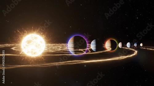 A glowing central star illuminates multiple planets on circular orbits within a vast, dark, star-filled cosmic galaxy.