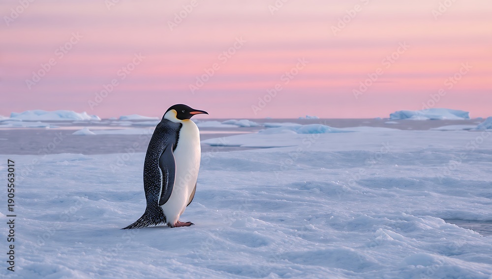 Obraz premium Emperor Penguin Standing Alone on Snowy Ice with Beautiful Pink Sky