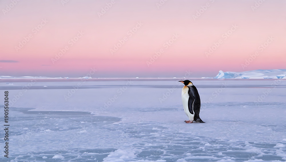 Obraz premium Elegant Emperor Penguin Standing Alone in Snowy Landscape at Dusk