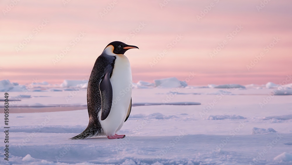 Obraz premium Emperor Penguin Standing on Ice Against a Colorful Winter Sunset Sky