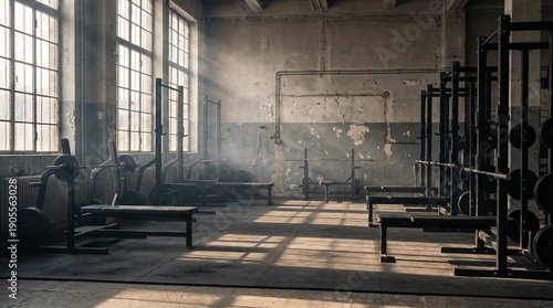 Empty industrial style gym with metal racks, barbells, concrete walls, dramatic side lighting
