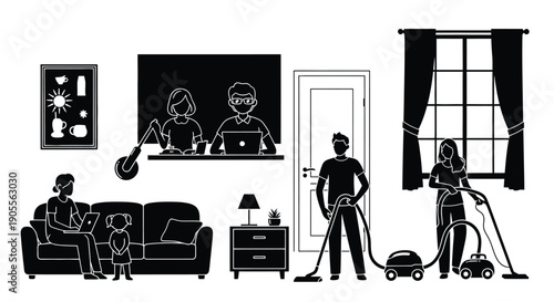 A family engages in various indoor activities including work leisure and chores depicted as a silhouette high quality professional detailed modern elegant