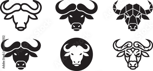 A collection of six stylized buffalo head icons for various design applications Vector