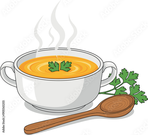 Schilderij op canvas Hot steaming bowl of vegetable or pumpkin soup in a white ceramic tureen with a wooden spoon and fresh parsley garnishes for healthy dining and cafe menu designs