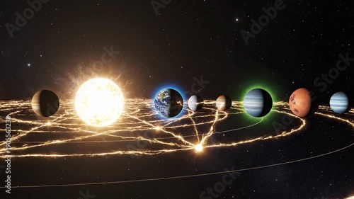 A glowing central star illuminates multiple planets on circular orbits within a vast, dark, star-filled cosmic galaxy.