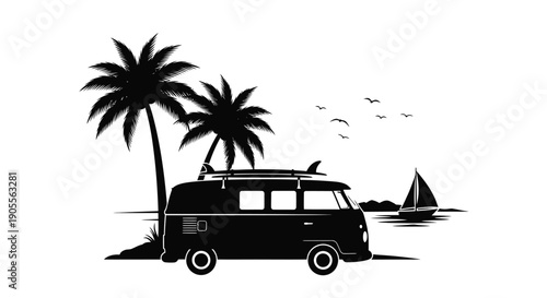 A tropical scene depicting a classic camper van with palm trees and ocean views silhouette high quality professional detailed modern elegant stylish