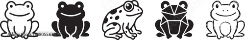 A collection of five minimalist pixel art frog icons showcasing different color patterns and styles Vector