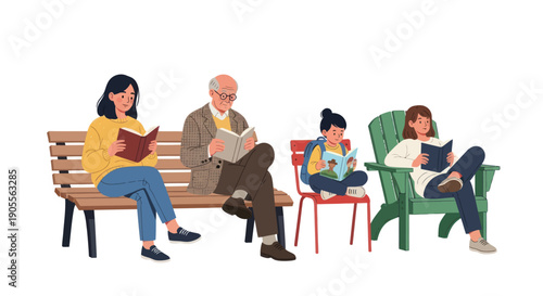 Diverse people reading books on bench and chairs, illustration