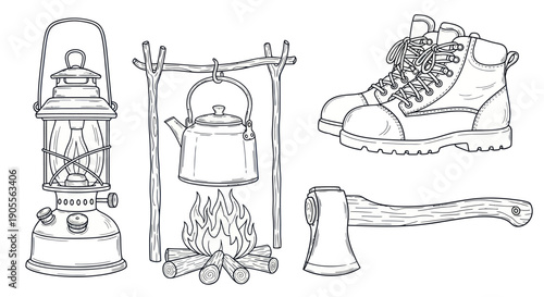 Camping Gear Illustration: Lantern, Kettle over Fire, Boots, Axe