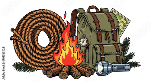 Camping Gear: Backpack, Campfire, Rope, Compass, Flashlight, Map