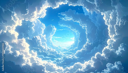 Skyward spiral Cumulus clouds encircle a bright azure sky, creating a captivating vortex illusion in nature's canvas