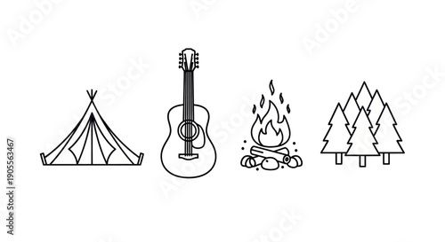Camping icons: tent, guitar, campfire, trees