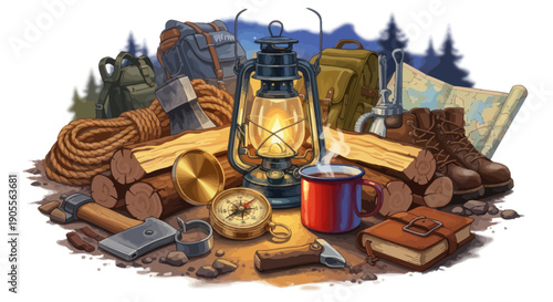 Camping Gear and Adventure Essentials: Lantern, Backpacks, Axe, Compass, Map