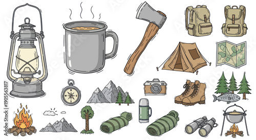 Camping Gear and Outdoor Adventure Icons - Hand-drawn Vector Illustration