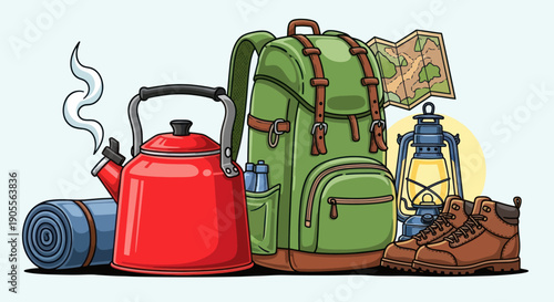 Camping Gear: Backpack, Kettle, Boots, Lantern, Map, Sleeping Roll