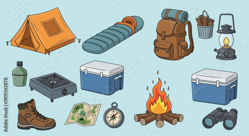 Camping Gear Collection Flat Illustration: Tent, Backpack, Sleeping Bag, Stove, Cooler, Fire, Boots