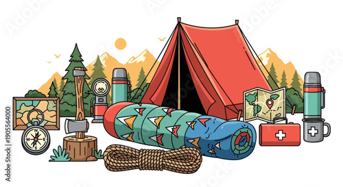 Camping Gear Illustration: Tent, Sleeping Bag, Axe, Compass, Map, Thermos