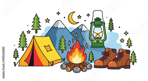 Camping Adventure: Tent, Campfire, Mountains, Lantern, Boots, Night Sky