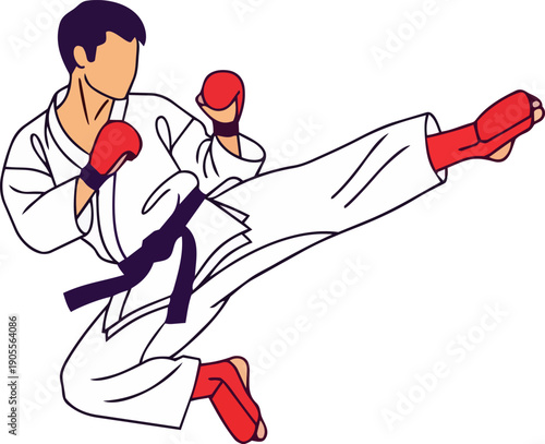 Dynamic illustration of a martial artist executing a kick wearing gloves and a uniform
