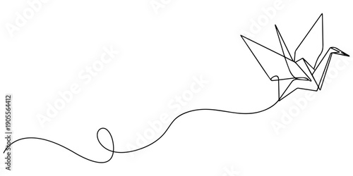 Continuous one line drawing of origami of crane bird . One line drawing Vector illustration of origami. Japanese art concept line art. Editable outline, one line continuous drawing crane origami