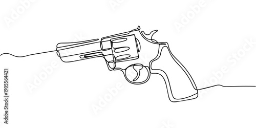 Gun is a continuous one-line drawing on a white background, Revolver vector illustration continuous one line drawing, Continuous line art drawing of gun. One line drawing hand holding the pistol.