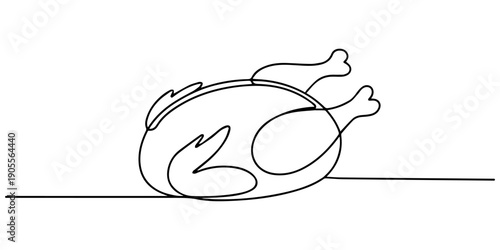 single continuous line drawing of a roasted chicken thanksgiving dinner food linear vector, Continuous one line drawing of roasted chicken. roasted turkey single outline vector illustration. one line
