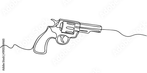Gun is a continuous one-line drawing on a white background, Revolver vector illustration continuous one line drawing, Continuous line art drawing of gun. One line drawing hand holding the pistol.