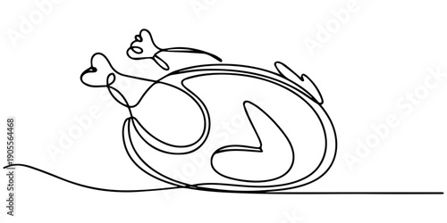 single continuous line drawing of a roasted chicken thanksgiving dinner food linear vector, Continuous one line drawing of roasted chicken. roasted turkey single outline vector illustration. one line