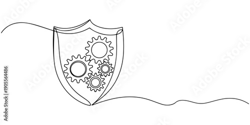shield with gear continuous one line drawing, Shield with gear icon representing security and protection, Security shield icon with checkmark and gear symbol on white background
