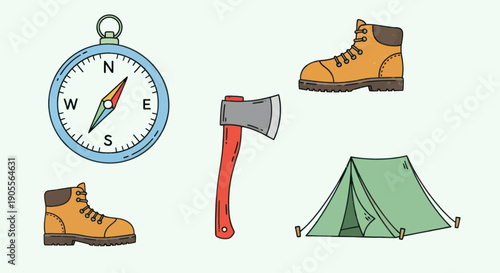 Camping Gear: Compass, Axe, Tent, Hiking Boots - Outdoor Adventure Icons