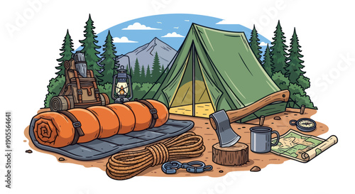 Camping Gear Illustration: Tent, Sleeping Bag, Axe, Map, Compass, Backpack