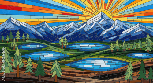 Vibrant Mountain Landscape Mosaic with Sun and Lakes