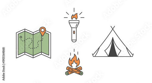 Camping Gear Icons: Map, Flashlight, Bonfire, Tent