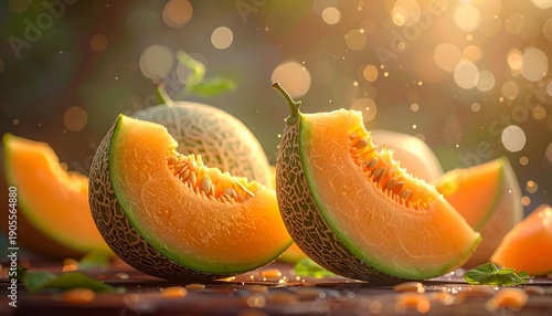 Sliced cantaloupe on dark wood table with blurred background and bokeh highlights, with focus on slices and seeds