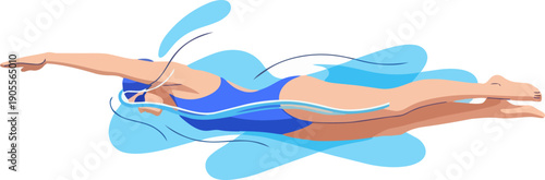Female swimmer in blue swimsuit gliding through calm water with graceful strokes and fluid motion