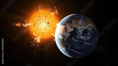 A glowing sun sits at the center of a stylized solar system, with planets orbiting along luminous, golden circular paths.