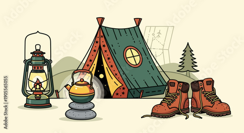 Camping Adventure Gear: Tent, Lantern, Boots, Map, and Kettle