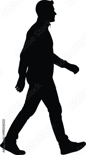 A man walking to the right with a dynamic stride in a black silhouette