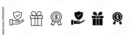 Business loyalty and financial rewards icon vector. Customer protection, gift box, and monetary certificate symbol set. Vector illustration