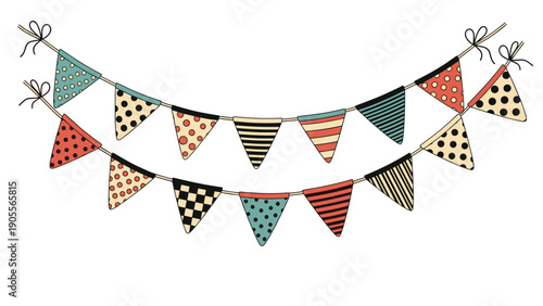 Two strings of festive triangle bunting flags with various retro patterns including polka dots and stripes for party and event decorations.