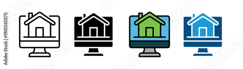 Real estate online search icon vector. House on computer monitor screen and digital property marketplace symbol. Vector illustration