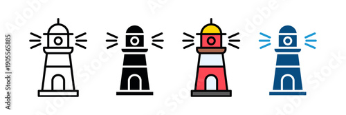 Nautical lighthouse icon vector. Coastal navigation signal and marine searchlight tower symbol. Vector illustration