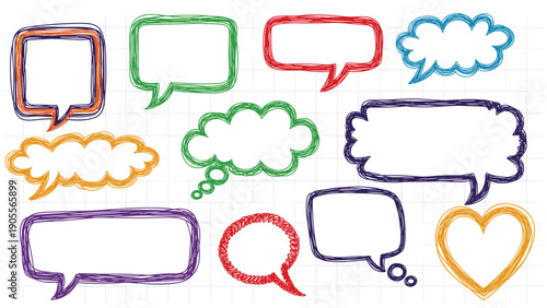 Collection of colorful hand-drawn speech bubbles and thought clouds on a graph paper grid background for notes and message designs.
