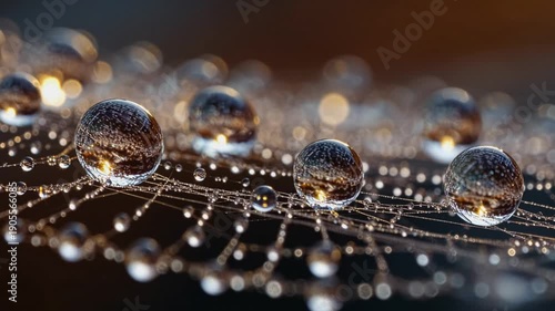 Extreme close-up of dew drops slowly evaporating from an intricate spider web at dawn with perfect spherical droplets, Generative AI Videos.