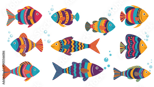 Ten colorful cartoon fish with vibrant patterns and scales swimming among bubbles for lively aquatic themed illustrations.