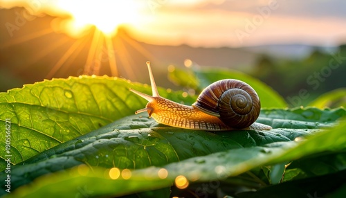 Snail slowly traverses a large, vibrant green leaf, backlit by a golden sunset casting warm light