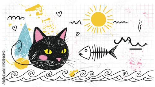 Abstract artistic illustration of a black cat face with sun, fish bones, and wave doodles on a textured grid background.