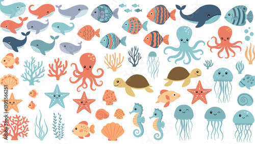 Comprehensive set of cute ocean animals like whales, octopuses, and seahorses in pastel colors for aquatic themed designs.