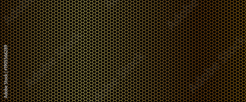 Golden hexagonal mesh on black background. Vector luxury metal honeycomb pattern with gold glow effect. Modern technological carbon texture and futuristic dark geometric backdrop for premium design.
